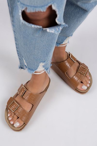 Manijero Croco Women's Genuine Leather Double Buckle Crocodile Tan Slippers