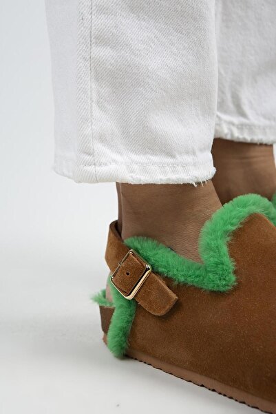 Manijero Holly Furry Women's Genuine Leather Furry Genuine Leather Belt Buckle Tan-Green Sandals