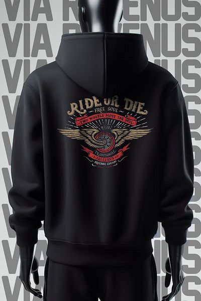 Vordevia Hanorac cu glugă negru cu imprimeu Biker Ride or Die - 3 fire Wide Mold