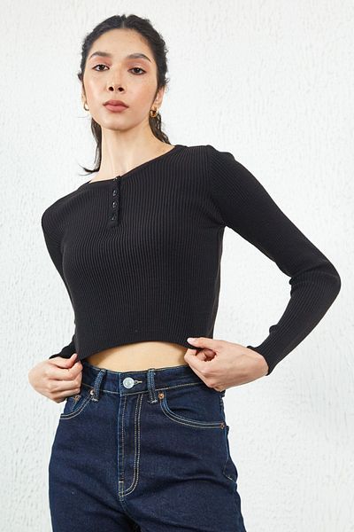 Manche Button Detailed Knitwear Crop Blouse| Black