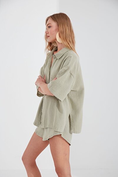 Manche Müslin Kadın Oversize Gömlek | Olive MKS166965-01