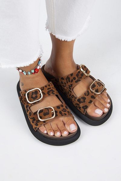 Manijero Genuine Leather Lavanda Leopard Women's Slippers - Double Buckle Tan