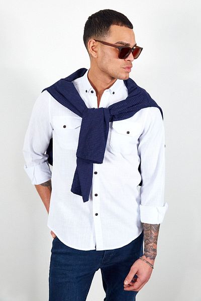 Manche White Double Pocket Flap Shirt