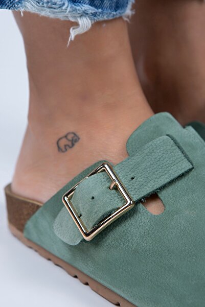 Manijero Γυναικεία πόρπη με ζώνη από γνήσιο δέρμα Zeta Πράσινη - Χρυσή παντόφλα