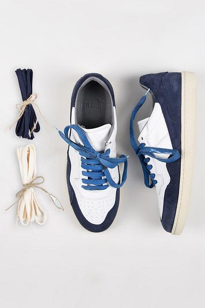Krahe Artemis Men's Sneakers - Genuine Leather, Antique Hand Painted, Lacing and Spare Laces, White-blue