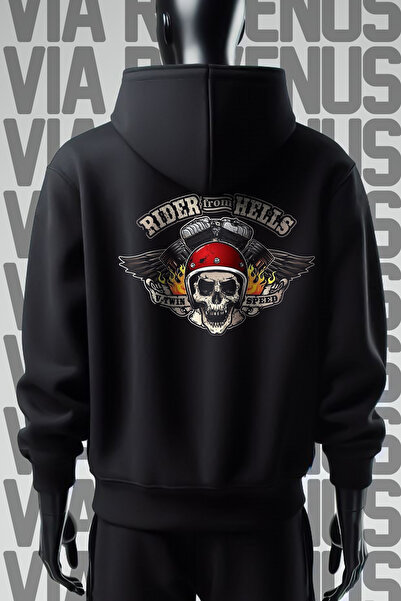 Vordevia Rider From Hells Biker - Hanorac negru cu glugă, cu 3 fire, cu impri...