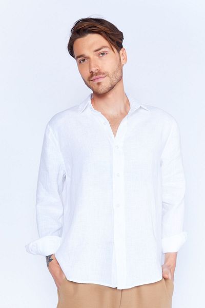 Manche White 100% Linen Comfortable Long Sleeve Shirt - MES128043-01