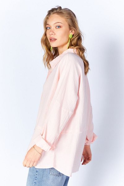 Manche Muslin Long Washed Oversize Comfortable Fit Piece Women's Solid Basic Shirt |   Dusty Rose Mks 166905 -01