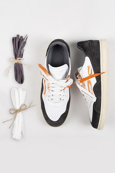 Krahe Artemis Men's Sneakers - Genuine Leather, Distressed Detail, Hand Painted, Lace-up and Spare Laces, White-grey