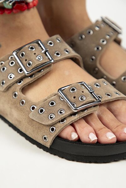 Manijero Sasha Mink Trock Leather Women's Slippers - Double Buckle