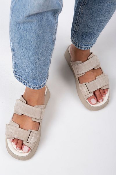 Manijero Farah Papuci de damă din piele naturală dublu velcro bej - piele de căprioară