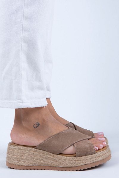 Manijero Tegan Women's Genuine Leather Double Band Cross Slippers Mink Suede Slippers