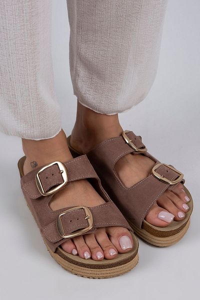 Manijero Selina Women's Genuine Leather Double Buckle Mink - Gold Slippers