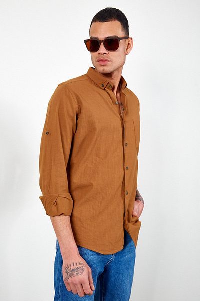 Manche Brown Single Pocket Linen Shirt