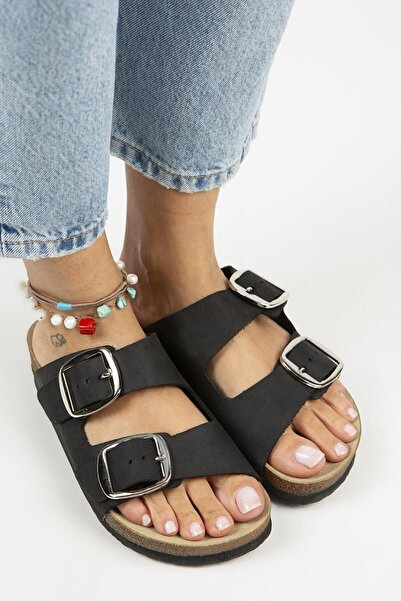 Manijero Irene Black Silver Slippers - Genuine Leather, Antique with Double Buckles