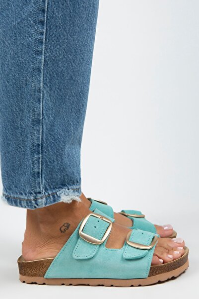 Manijero Γυναικείες παντόφλες Irene από γνήσιο δέρμα με διπλή πόρπη μέντα πράσινο-χρυσό