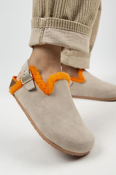 Manijero Holly Furry Women's Genuine Leather Furry Genuine Leather Belt Buckle Beige- Orange Sandals