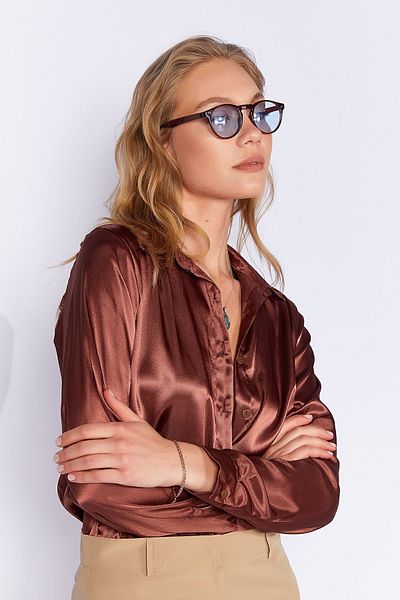Manche Brown Lightly Flowing Satin Women's Shirt| MKW168937-01
