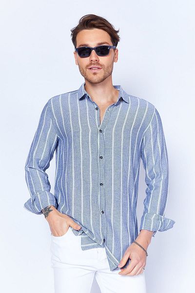 Manche Navy Blue Men's Shirt - Straw Linen Striped, Cotton MES114098-01