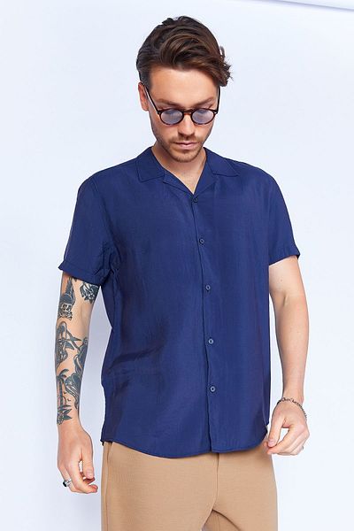 Manche Navy Blue Apache Collar Short Sleeve Shirt - Modal Soft Textured MES118072-01