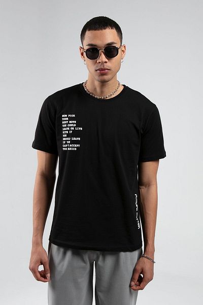 Manche Black Crew Neck Short Sleeve Printed 100% Cotton T-Shirt