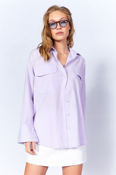 Manche Lilac Double Pocket Lid Linen Look Women Shirt| MKS169410-01