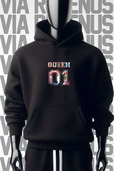 Vordevia Черен суитшърт с качулка Queen 01 - 3 нишки, широк модел, щампа отпред и отзад