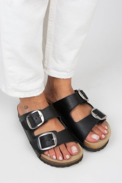 Manijero Γυναικείες παντόφλες Irene από γνήσιο δέρμα με διπλή πόρπη μαύρο-ασημί