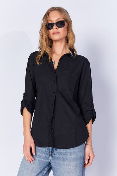 Manche Women's Black Linen Effect Shirt with Pockets| MKS163420-01