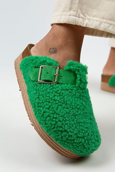 Manijero Γυναικείες υφασμάτινες γούνινες αγκράφες από γνήσιο δέρμα Juno, σκούρο πράσινο