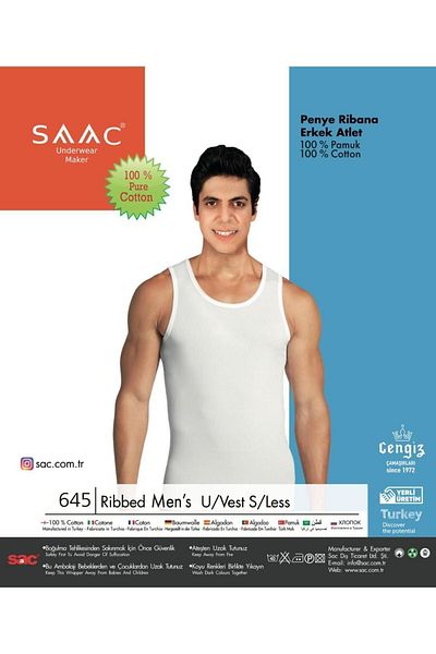 saac Cengiz White Men's Athlete - 3 Pieces, 100% Cotton Combed Cotton Rib - 645-3Pck-Wht