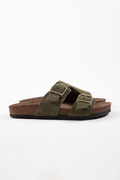 Krahe Jose Men's - Genuine Leather, Double Buckle Khaki Slippers