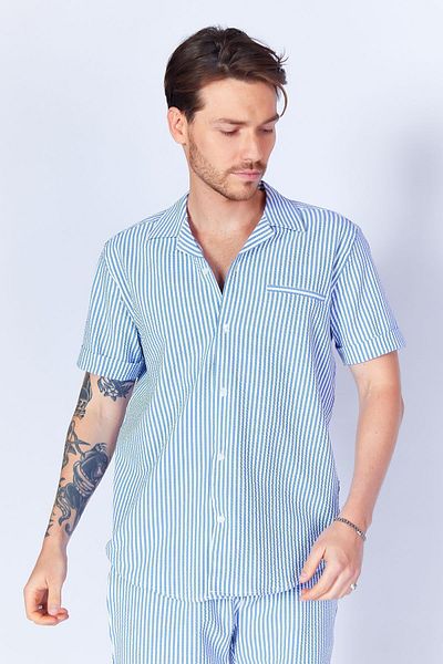 Manche Men's Shirt - Seersucker Striped, Pocket Detail, Short Sleeve, Apple Collar, Saks MES114629-01