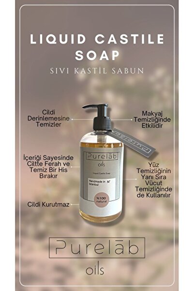 Purelab Oils Sıvı Kastil Sabun %100 Doğal Zeytinyağlı Yoğun Nemlendirici Arındırıcı Bitkisel Vegan Sabun 400 ml