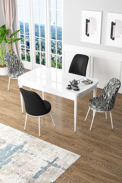 Canisa Kor Serisi 70x114 Açılabilir Mutfak Masası Takımı Beyaz Masa 2 Zebra Desen 2 Siyah Sandalye