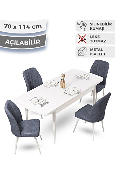 Canisa Ege Serisi 70x114 Açılabilir Mutfak Masası Takımı Beyaz Masa Ve 4 Füme Sandalye