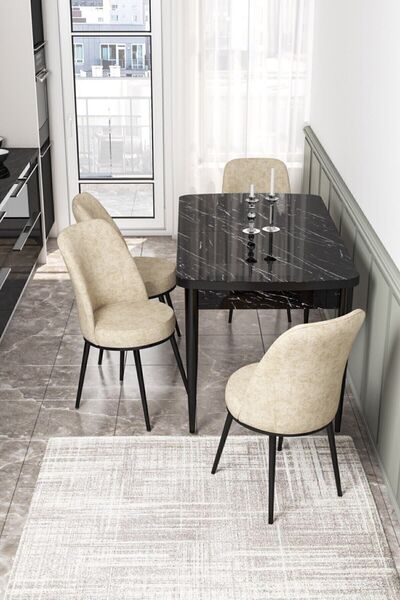 Canisa Concept Kor Serisi 70x114 Açılabilir Mutfak Masası Takımı Siyah Mermer...