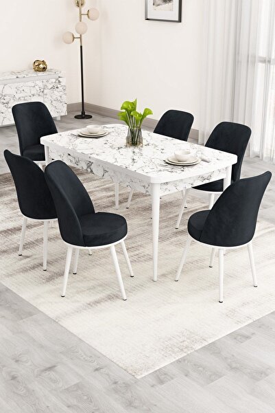 Canisa Nix Serisi Açılabilir 70x114 Beyaz Mermer Desen Mutfak Masası Takımı ve 6 Sandalye