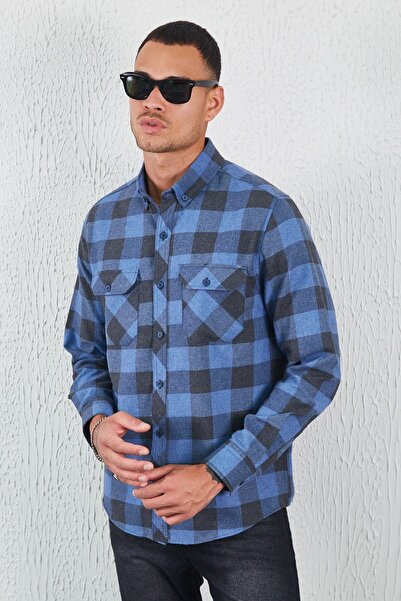 Manche Синя фланела с двойни джобове, мъжка риза, синя