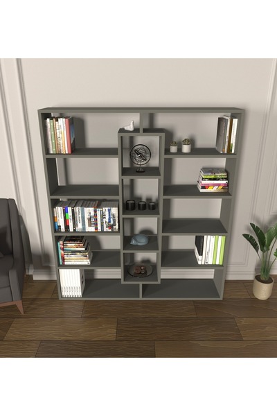Mirobi Kiola 14 Bölmeli Dekoratif Açık Tasarım Kitaplık Modern Kitaplık Antrasit