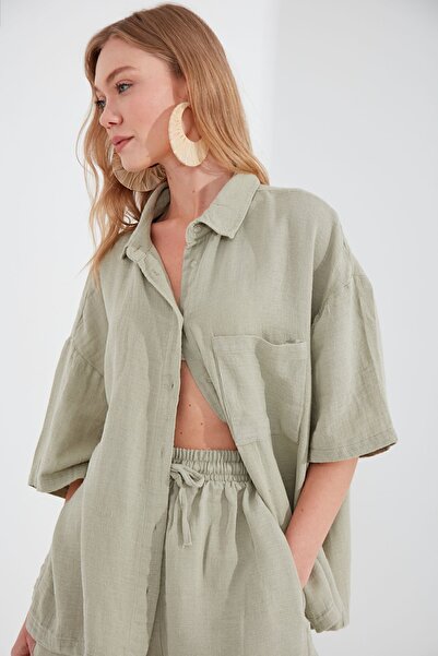 Manche Müslin Kadın Oversize Gömlek | Olive MKS166965-01
