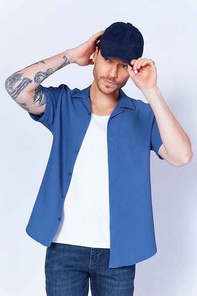 Manche Flexible Ottoman Texture - Apricot Collar Short Sleeve Men's Shirt| Indigo MJS117839-01