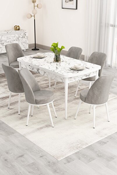 Canisa Nix Serisi Açılabilir 70x114 Beyaz Mermer Desen Mutfak Masası Takımı V...