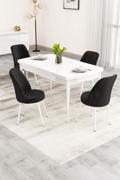 Canisa Nix Serisi Açılabilir 70x114 Beyaz Mutfak Masası Takımı ve 4 Siyah San...