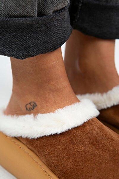 Manijero Miranda Women's Genuine Leather Flat Fur Lined Tan Slippers