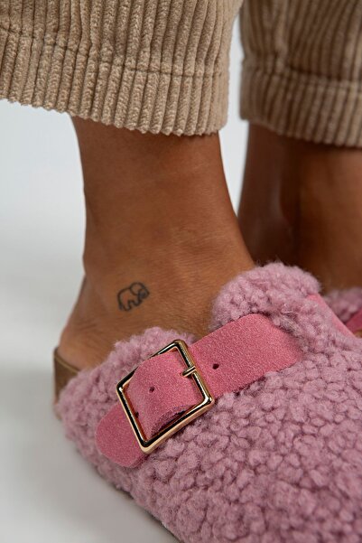 Manijero Γυναικείες υφασμάτινες γούνινες γούνινες παντόφλες με αγκράφα από γνήσιο δέρμα Suzen