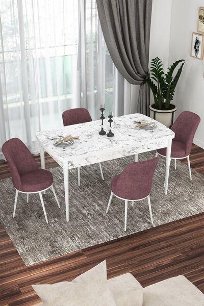 Kor Series 70x114 Openable Kitchen Table Set White Marble Pattern Table 4 Cream Chair