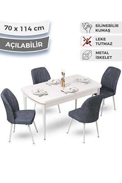 Canisa Ege Serisi 70x114 Açılabilir Mutfak Masası Takımı Beyaz Masa Ve 4 Füme Sandalye