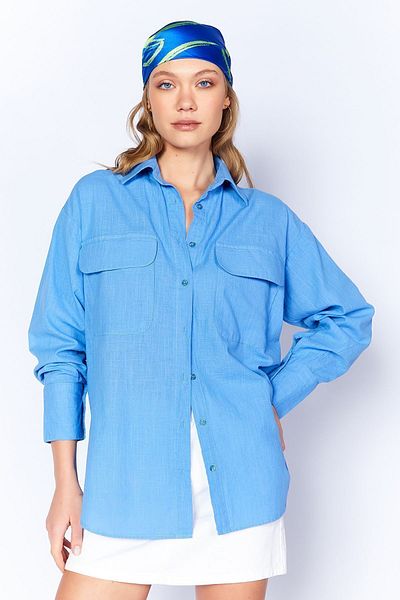 Manche Blue Double Pocket Flap Linen Look Women Shirt| MKS169410-01