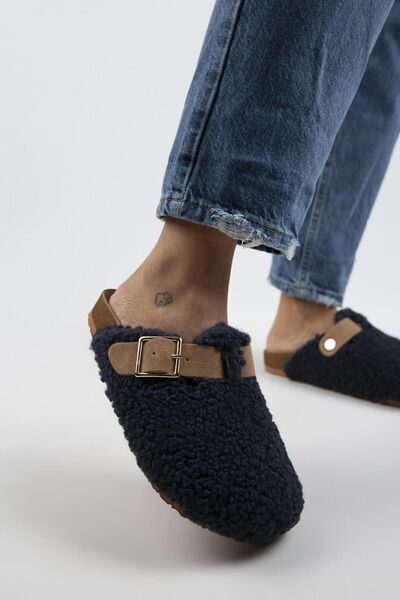 Manijero Suzen Teddy Жіночі текстильні тапочки з хутром, справжньою шкірою, ременем і пряжкою, темно-сині-пісочні